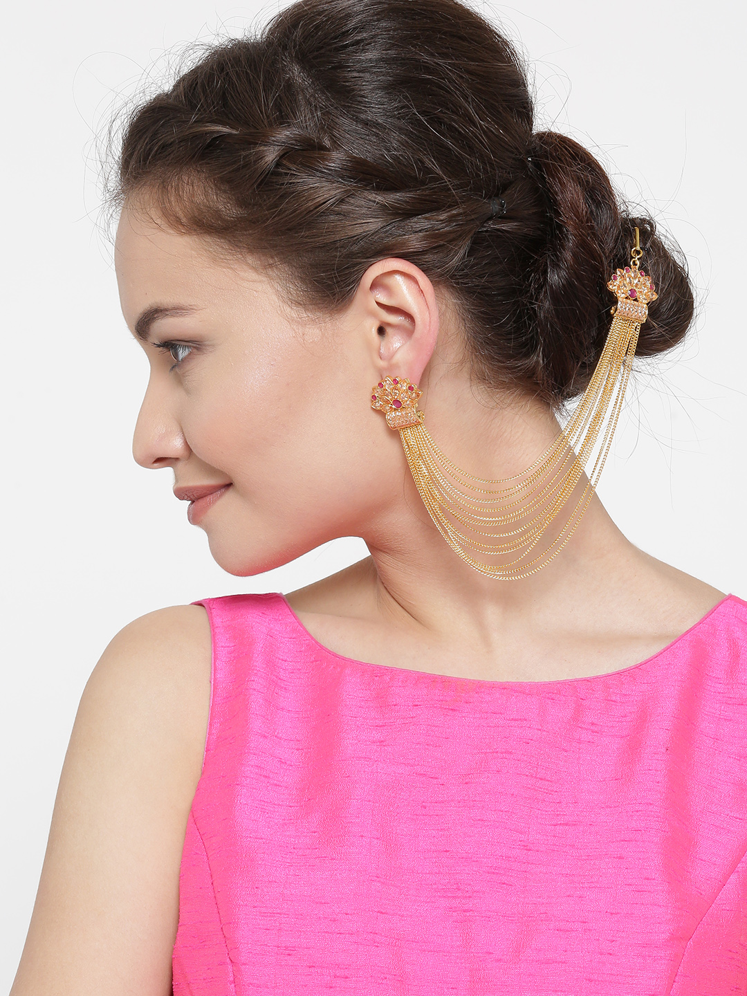 YouBella Gold-Toned Floral Studs with Ear Chains